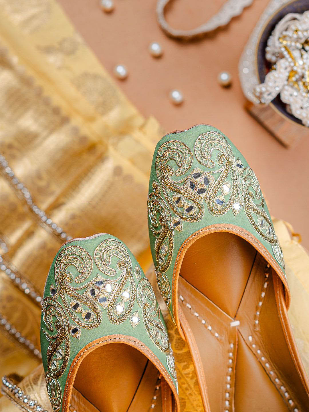 NR By Nidhi Rathi Women Green Handcrafted Golden Embroidered Ethnic Jutti/Mojari