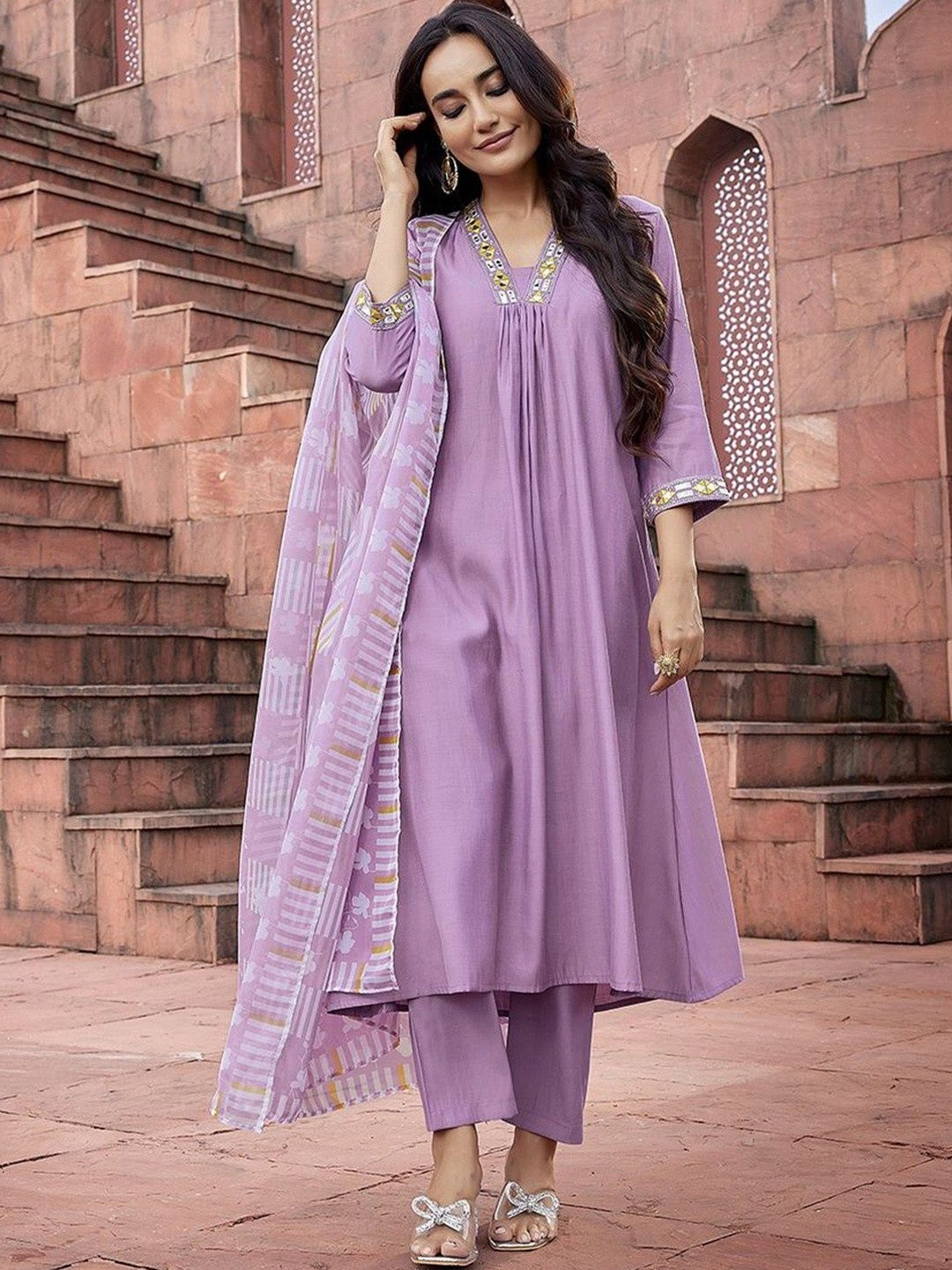 Tashvi's Women Regular Mirror Work Flared Kurta with Trousers & With Dupatta Kurta Sets
