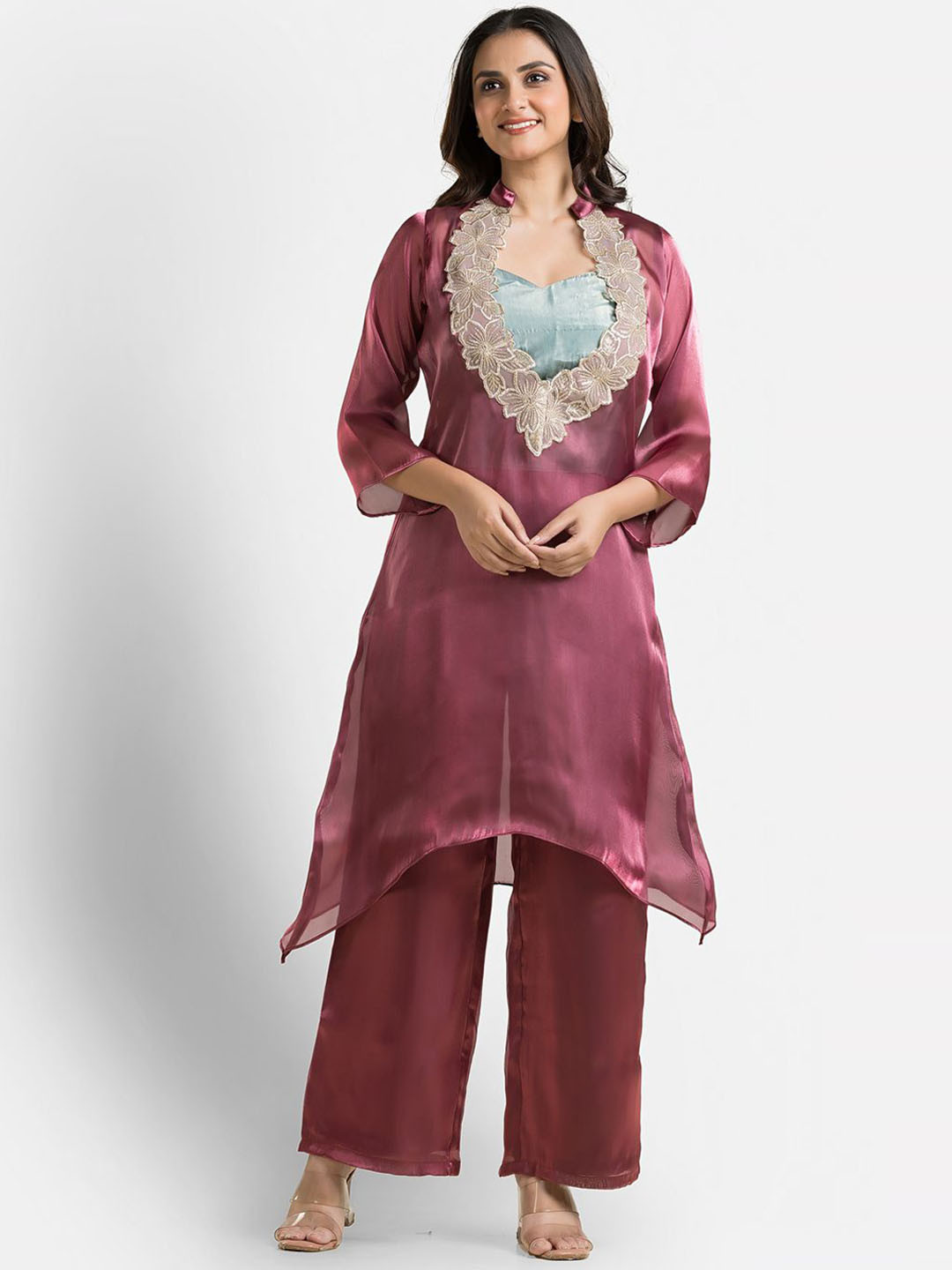 Crazy Needle Embroidered V-Neck Tunic & Trousers Set