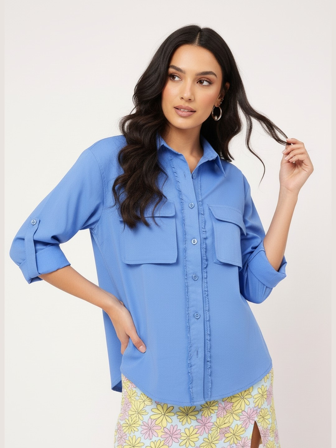 DressBerry Functional Fashion Roll-Up Sleeves Pockets Fringed Placket Shirt