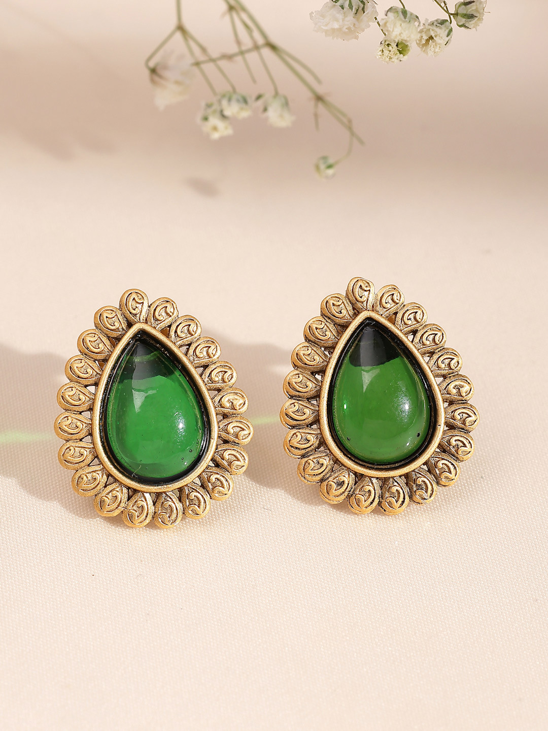 ADIVA Antique Gold-Plated Green Onyx Stone Stud Earrings with Intricate Floral Design Edges
