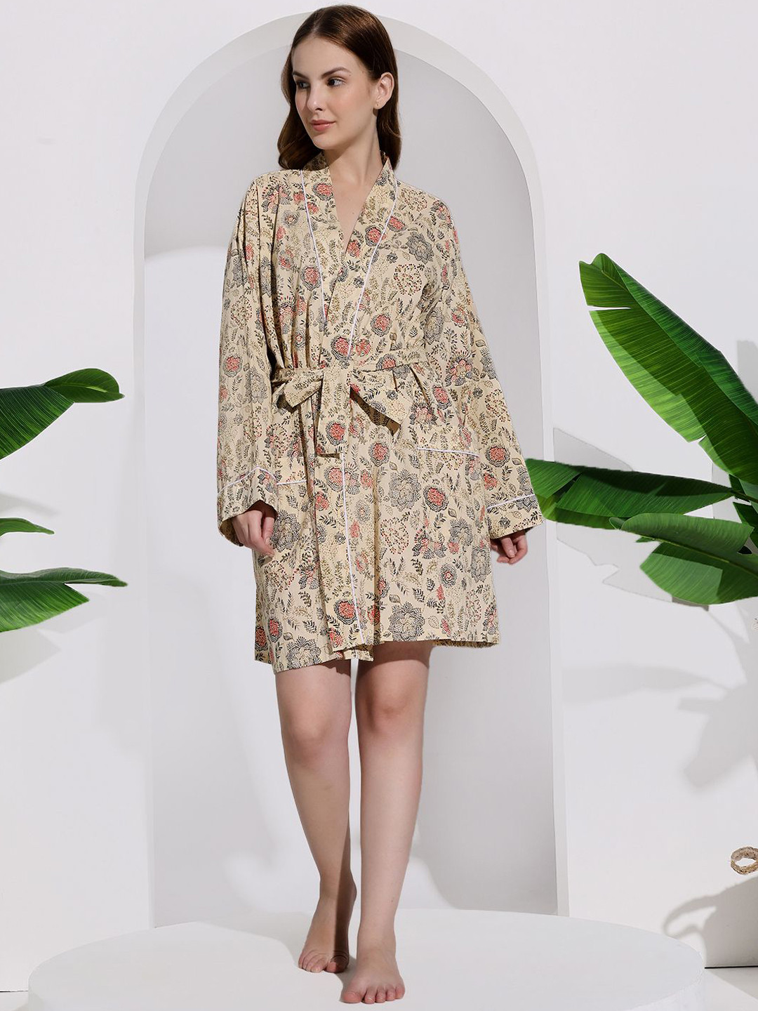 HANDICRAFT PALACE Floral Printed V-Neck Pure Cotton Bath Robe
