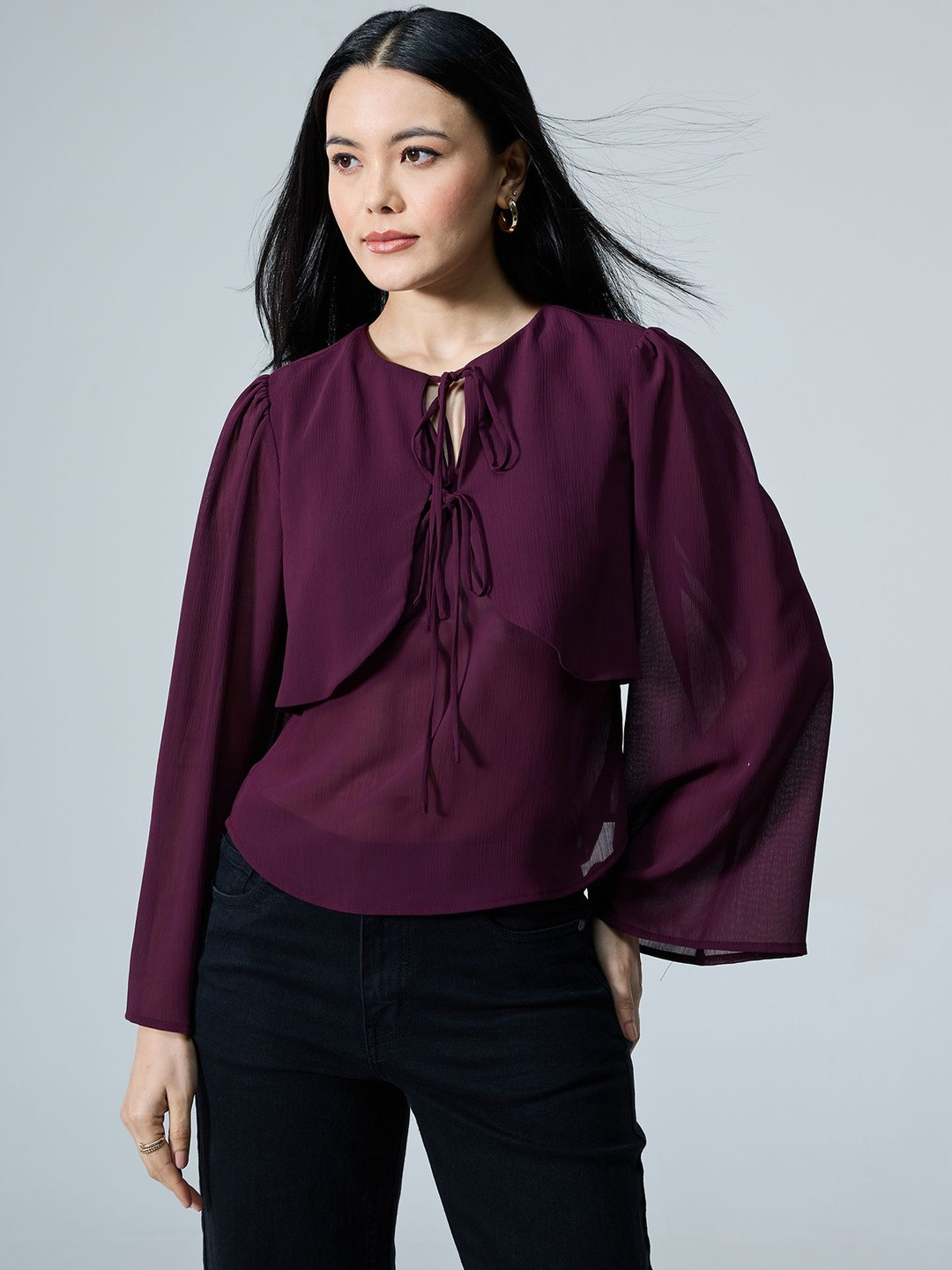 20Dresses Solid Ruffle Detail Tie-Up Neck Flared Sleeve Chiffon Top