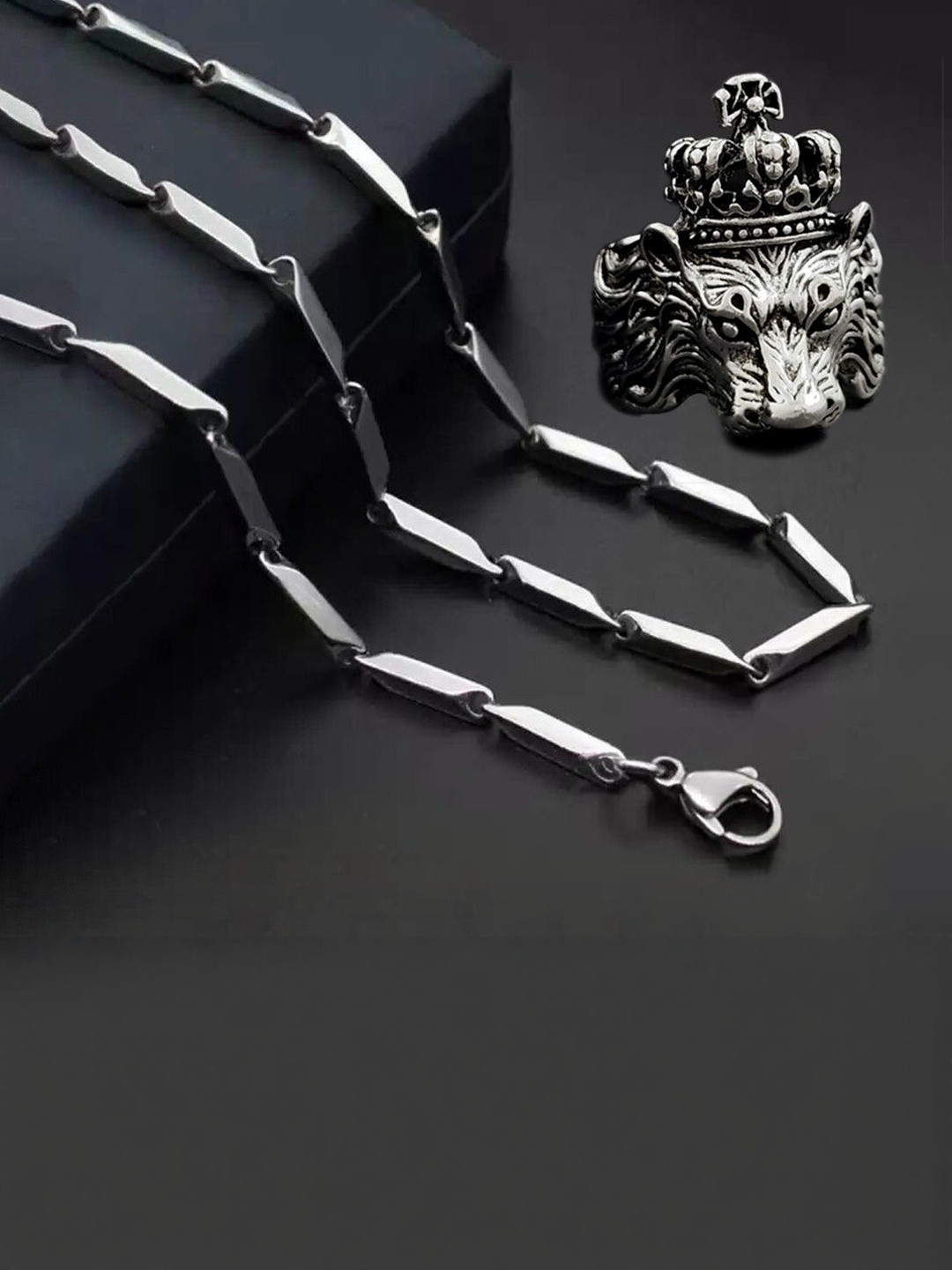 fashion fusion collection Unisex Stainless Steel Rhodium-Plated Link Chain With Ring