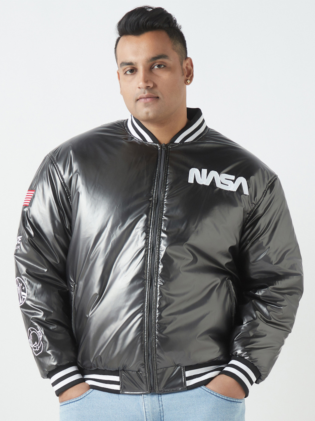 Bewakoof Men Black Plus Size Graphic Printed Oversized Bomber Jacket