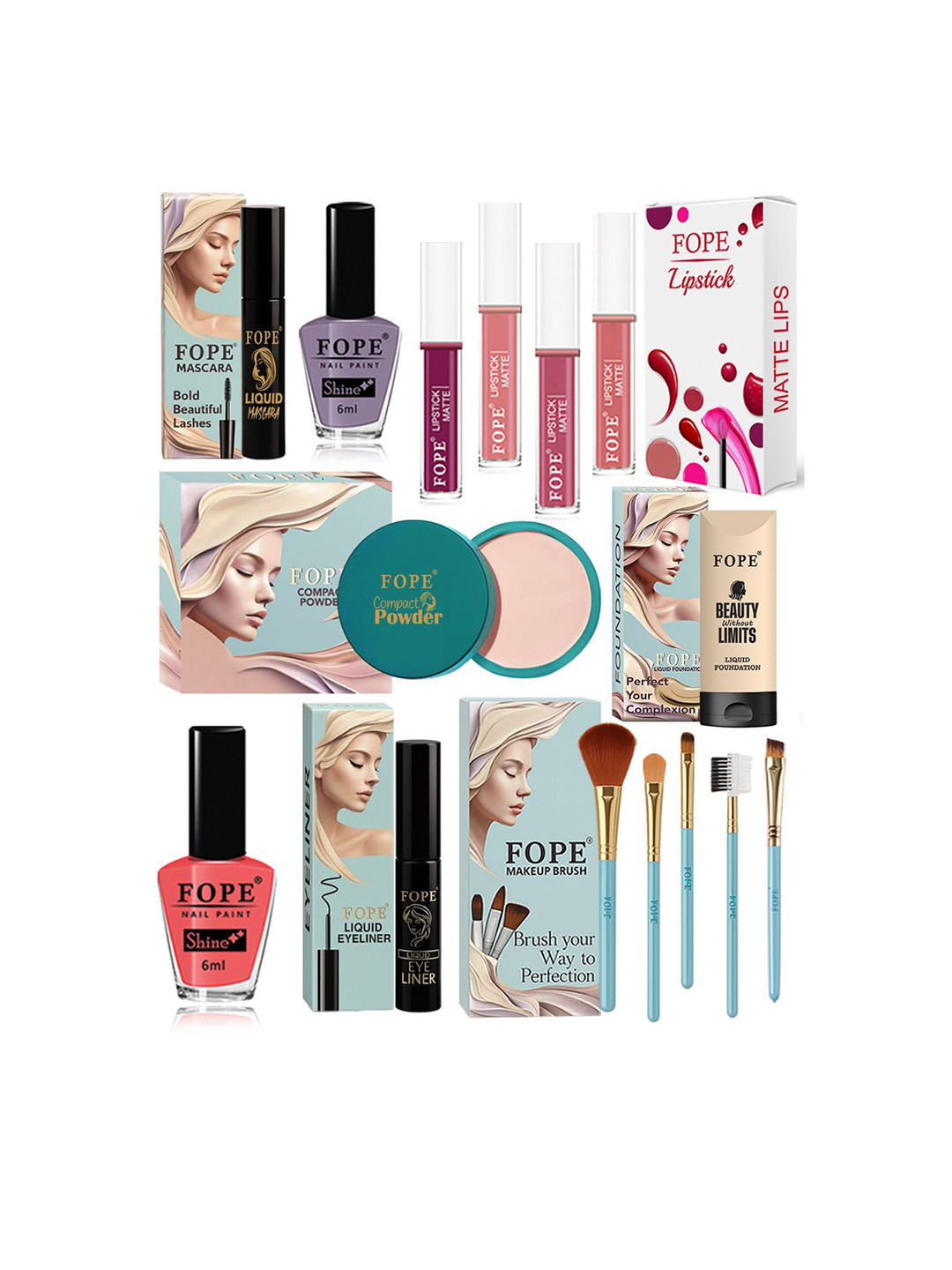 FOPE Set Of 15 Lipstick, Eyeliner, Compact Powder, Foundation Nail Polish & Makeup Brushes
