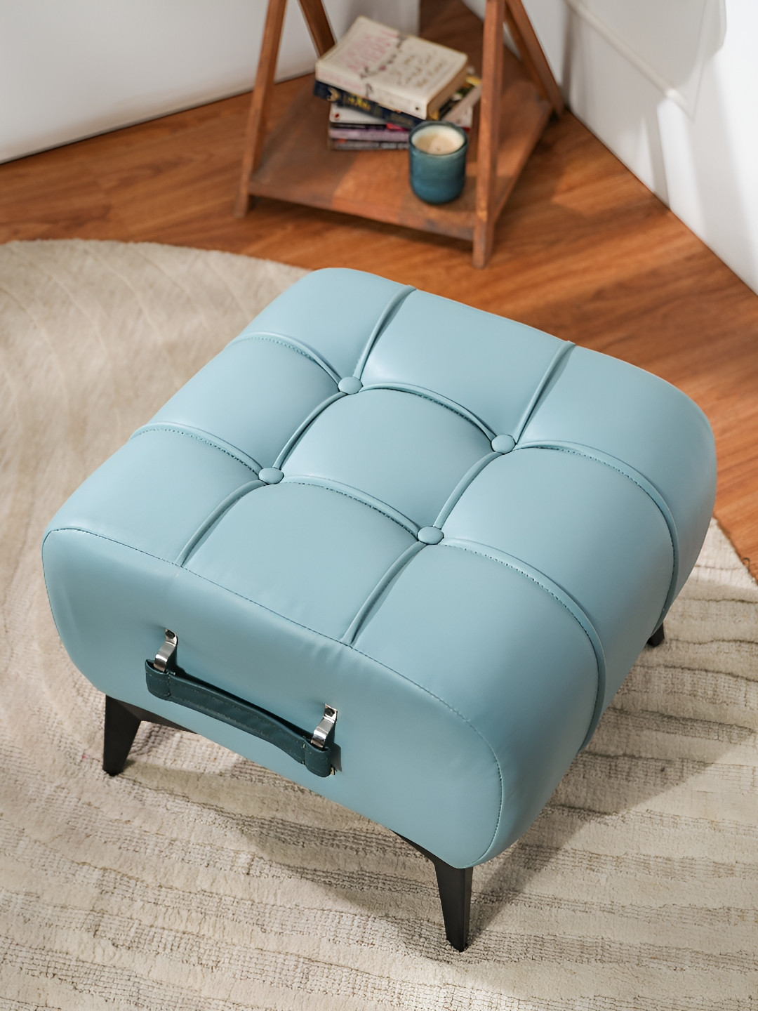THREADVIBE LIVING Sky-Blue Self-Designed Tufted Ottoman With Handle
