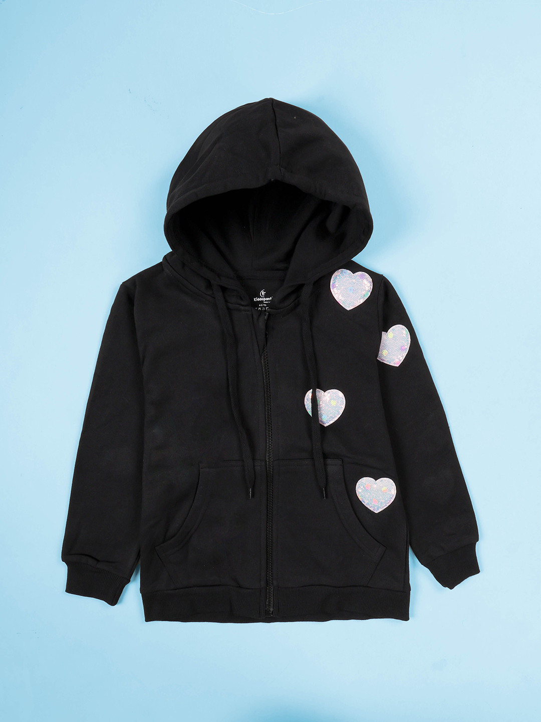 KiddoPanti Girls Heart Embellished Hooded Front-Open Sweatshirt