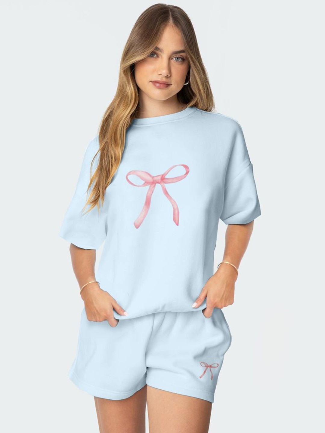 StyleCast Women Blue Printed T-Shirt and Solid Shorts Co-Ords Set