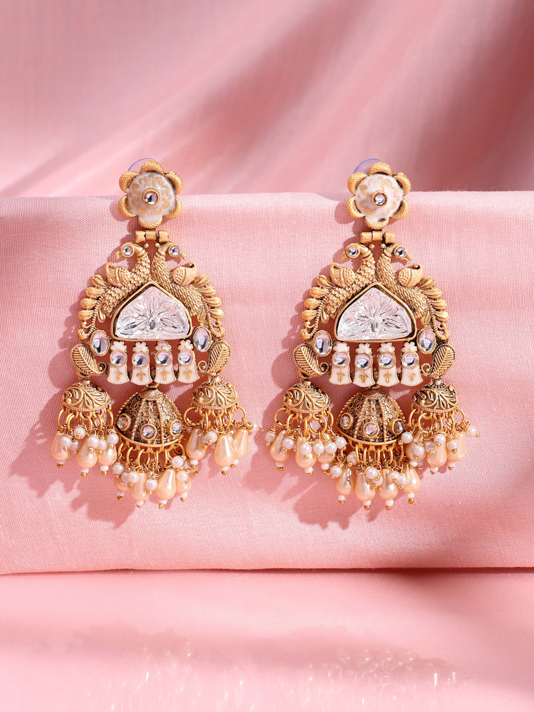 ADIVA 22K Gold Plated Kundan Studded And Pearls Beaded Peacock Shaped Drop Earrings