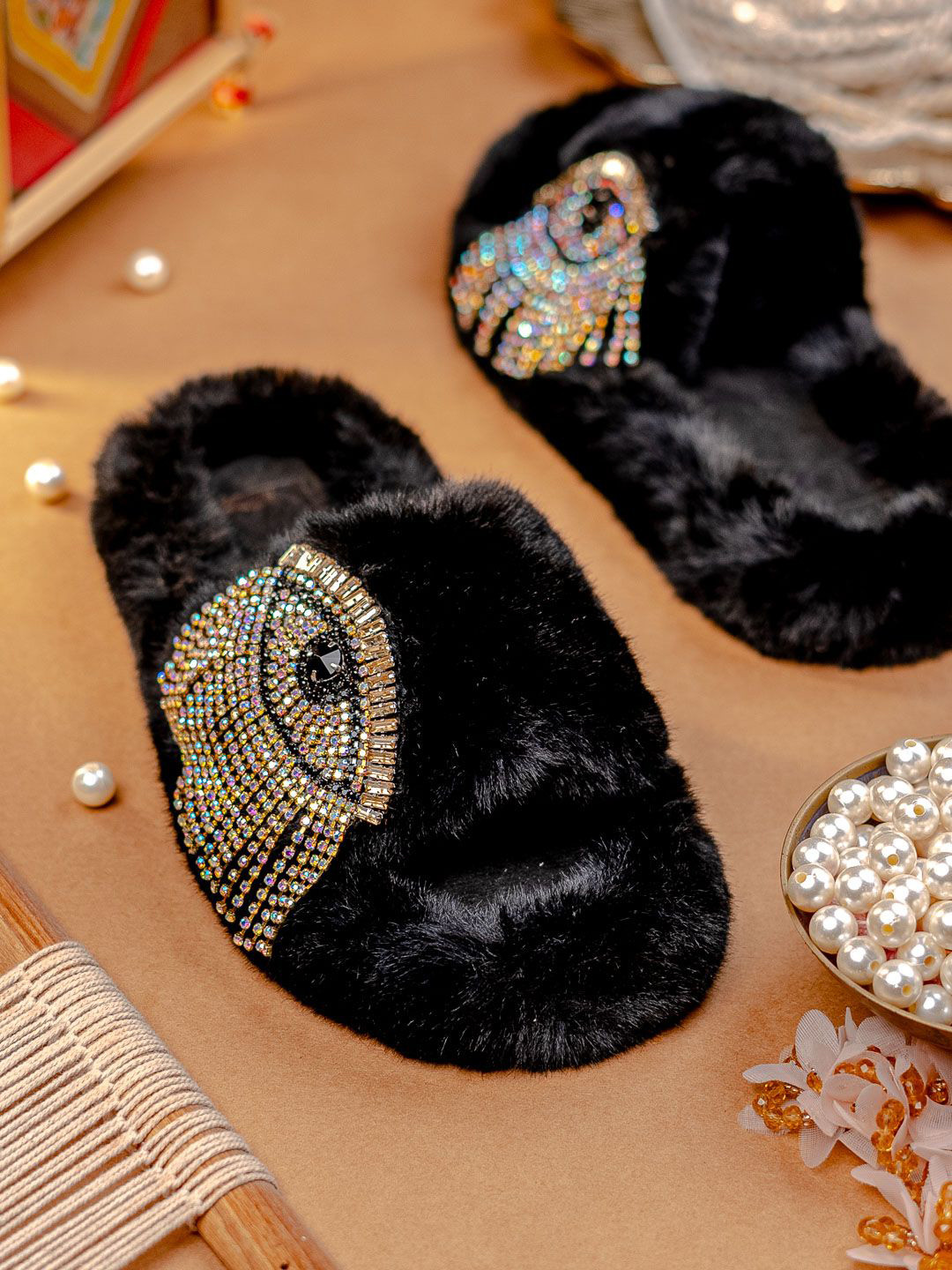 NR By Nidhi Rathi Women Black Velvet Furry Flats with Evil Eye AD Design