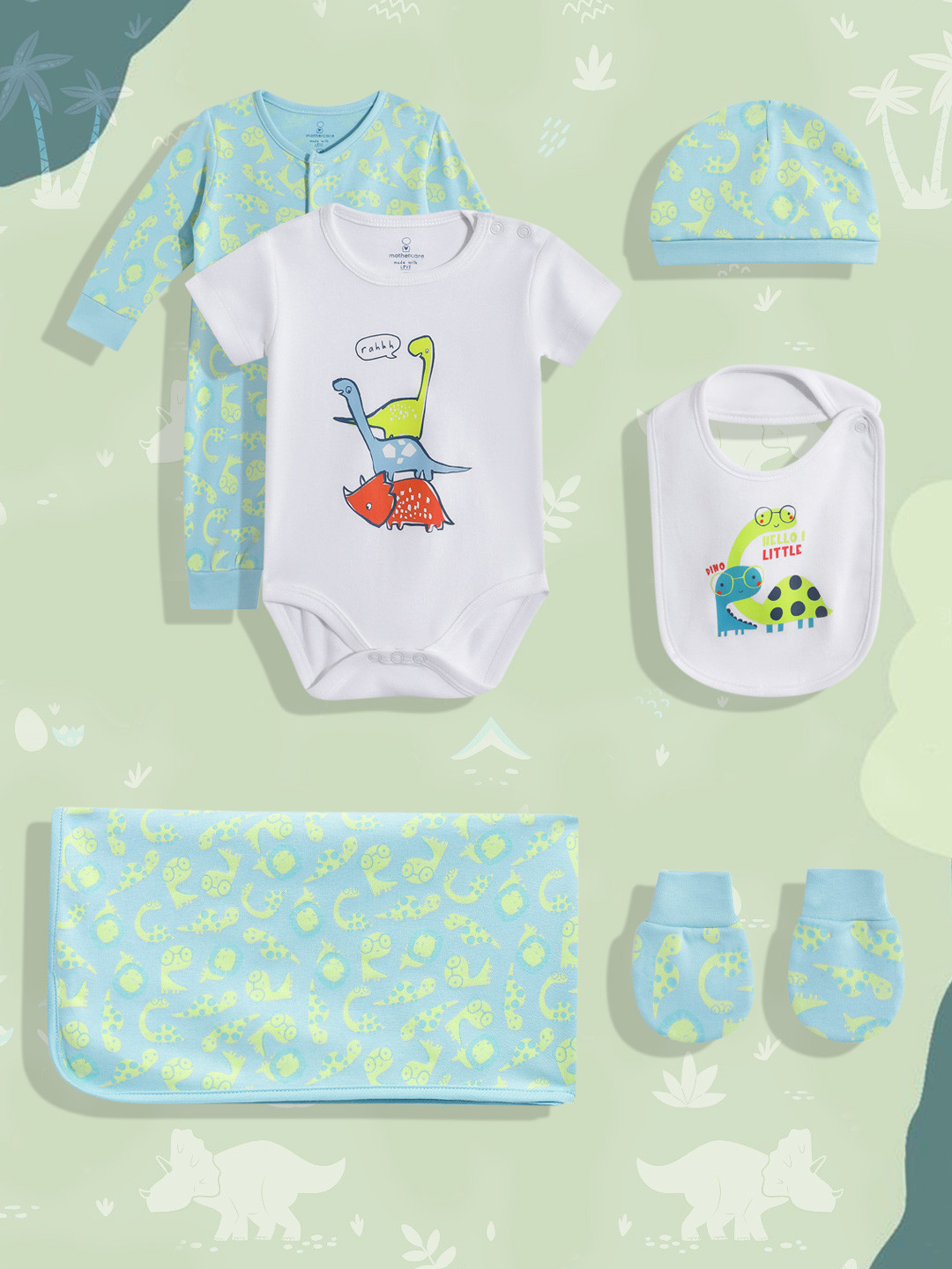 mothercare Infant Boys Dino Printed Pure Cotton Apparel Gift Set