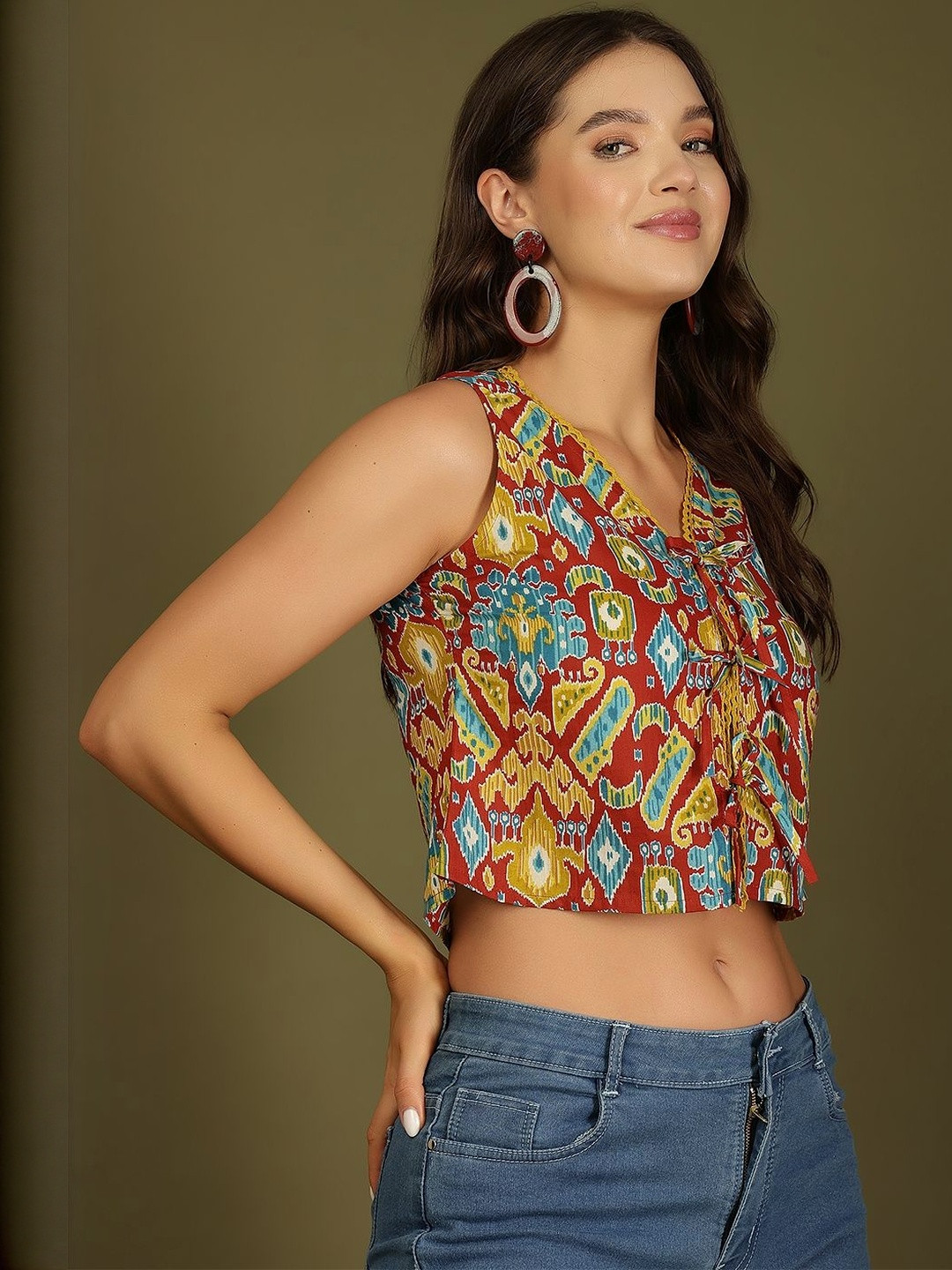 KEIYONA Women Ethnic Motif Printed Sleeveless Cotton Crop Top