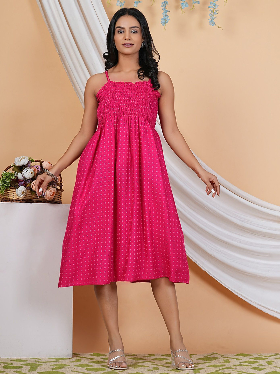 HEBA Women Polka Dot Printed Shoulder Straps Fit & Flare Dress