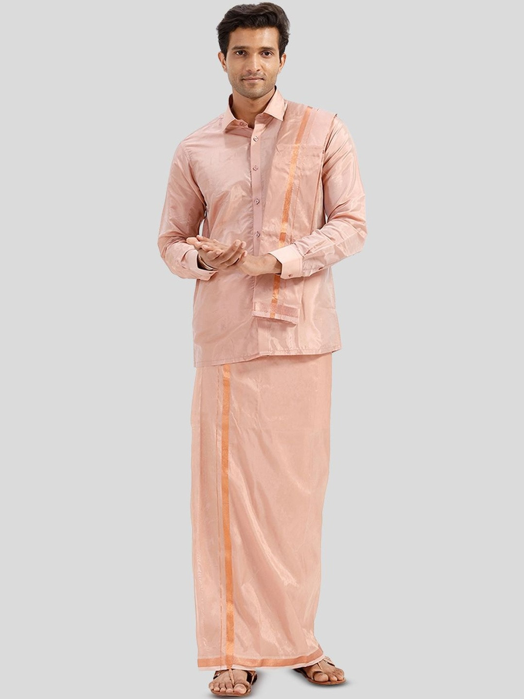 UATHAYAM Men Copper Silk Blend Solid Clothing Set