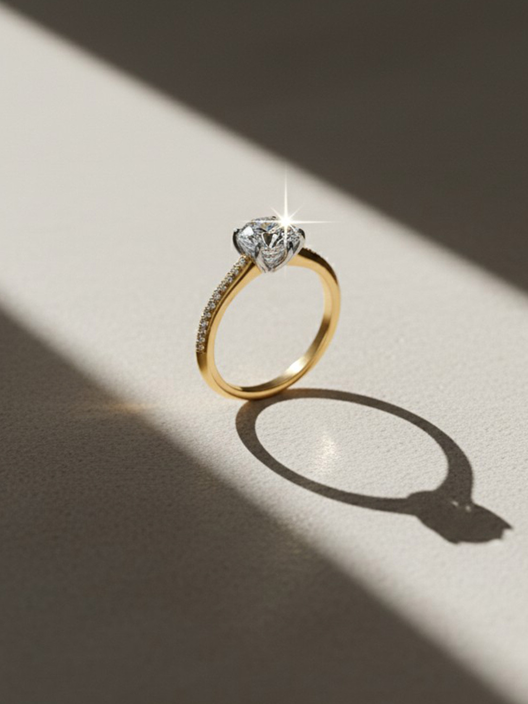 Nipura 925 Sterling Silver Gold-Plated CZ Studded Pave Cathedral Solitaire Finger Ring