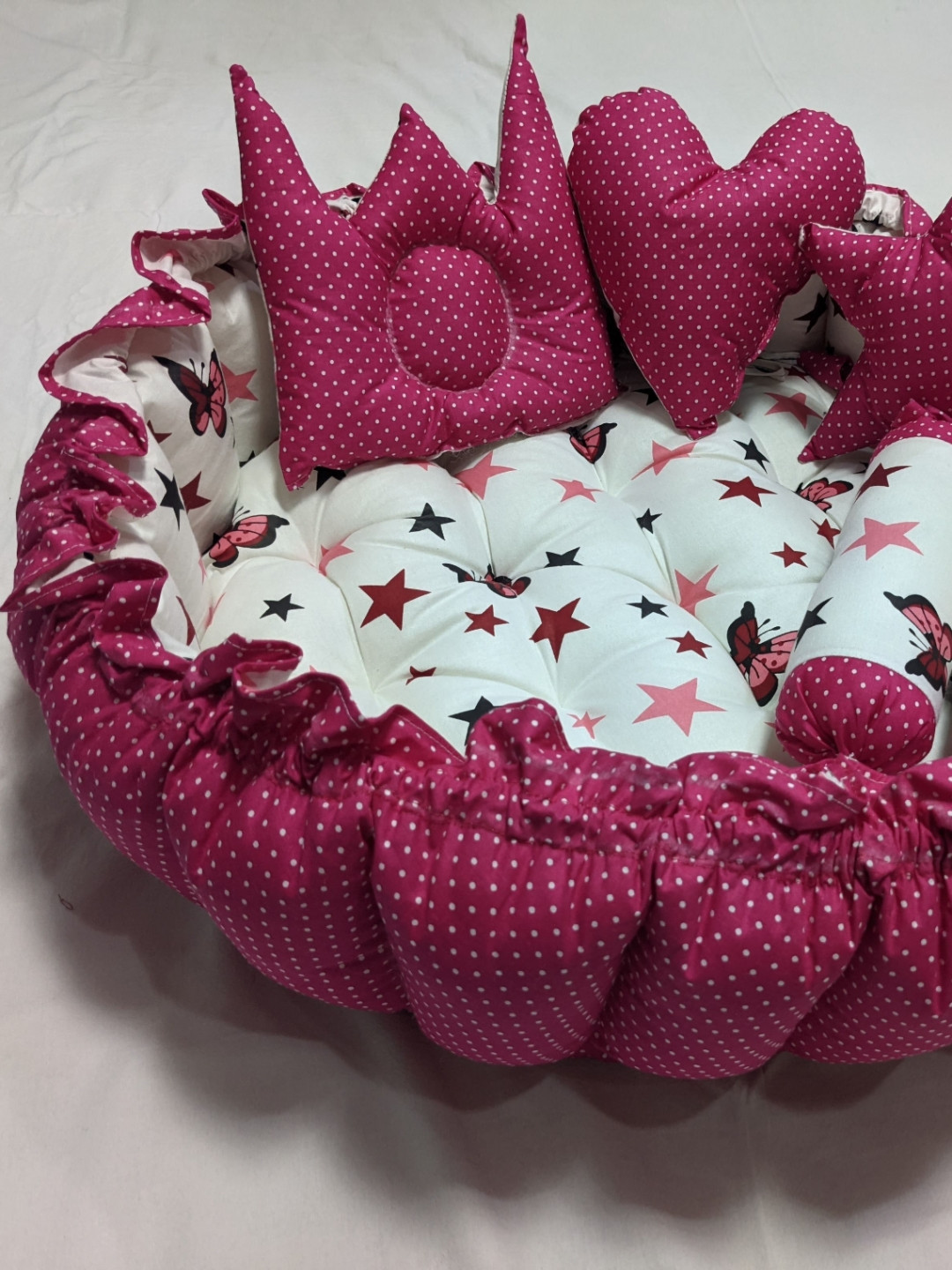 OMRIZA FASHION Kids Pink & White Printed Cotton Mattress Set With Pillow and Bolsters