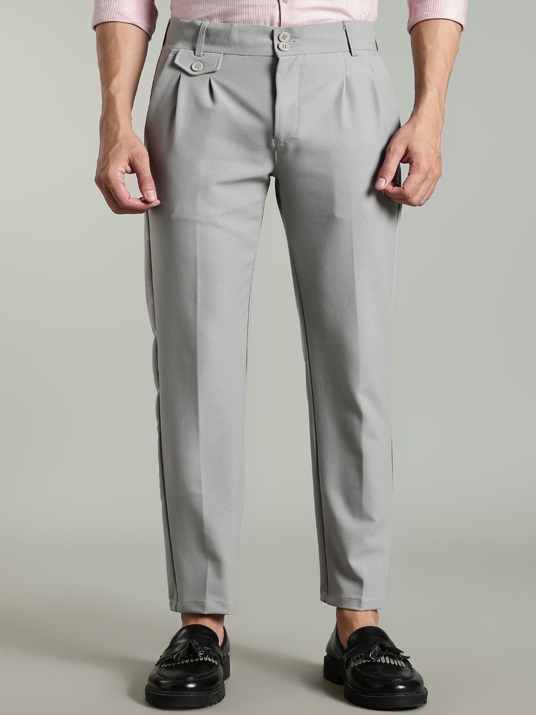 PAUL STREET Men Smart Easy Wash Pleated Regular Fit Formal Trousers