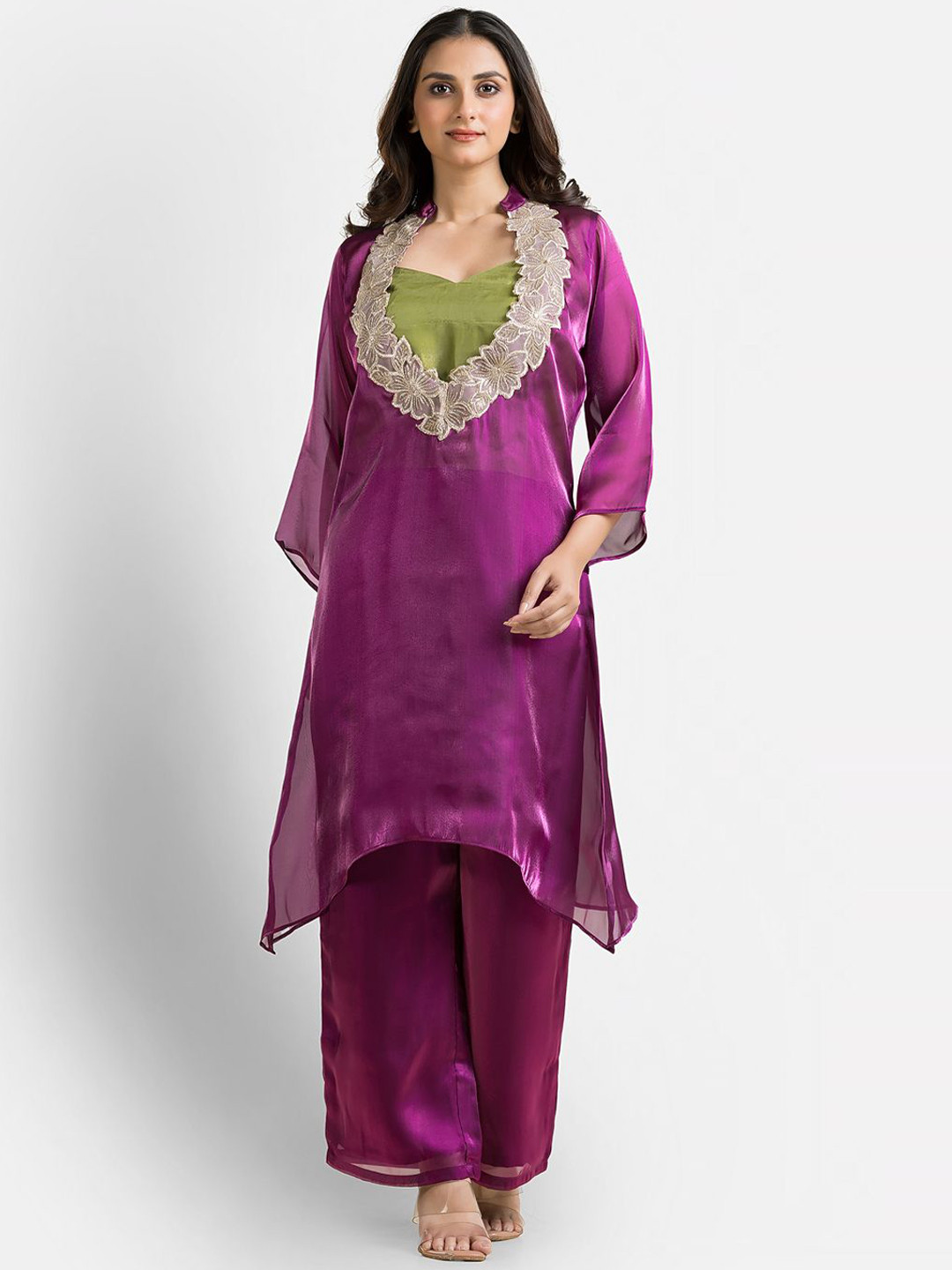 Crazy Needle Embroidered V-Neck Tunic & Palazzos Set