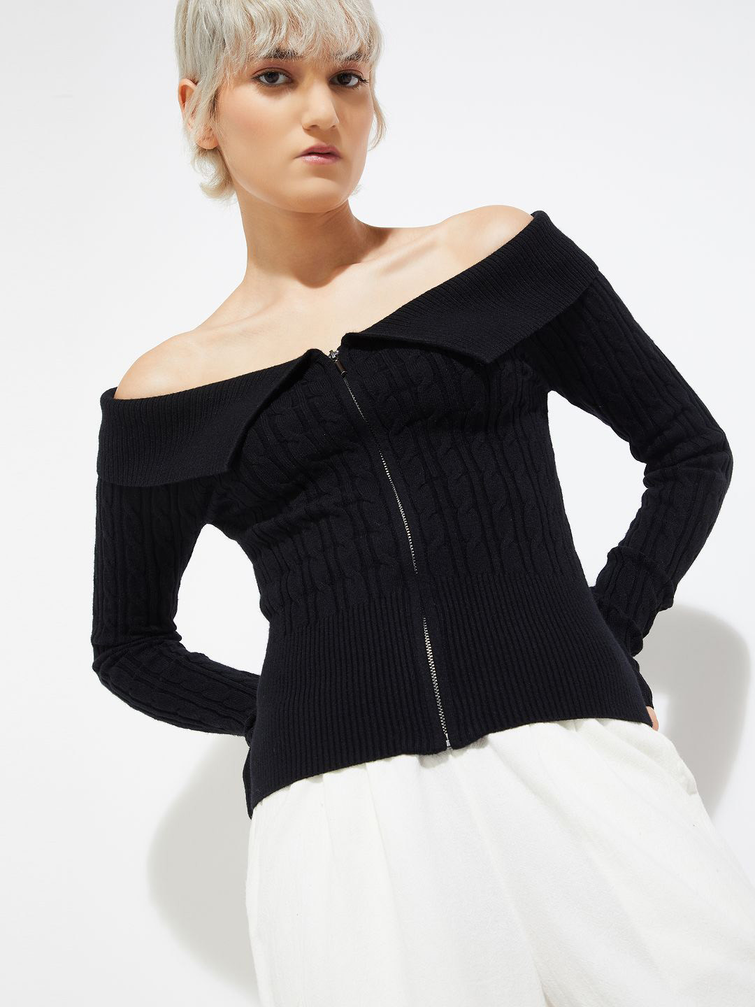 max Women Self Design Open Knit Off Shoulder Open Front Jacket