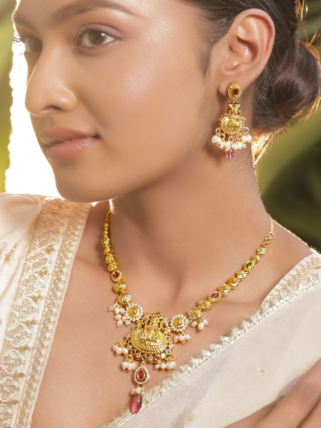 Rubans 22K Gold-Plated Temple Jewellery Set with Ruby, Emerald, Cubic Zirconia & Pearls