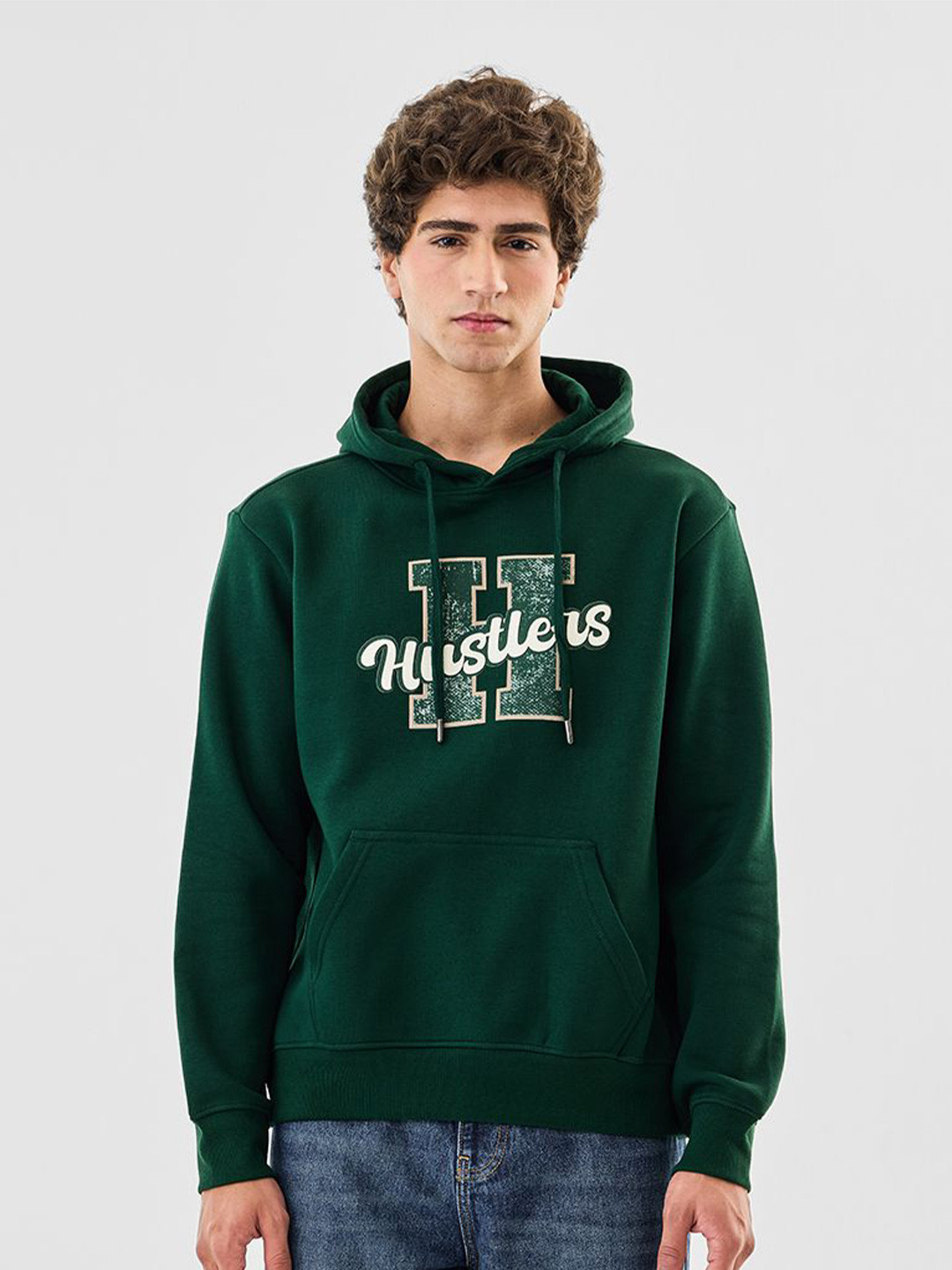 Snitch Men Dark Green Printed Hoodies Sweatshirt