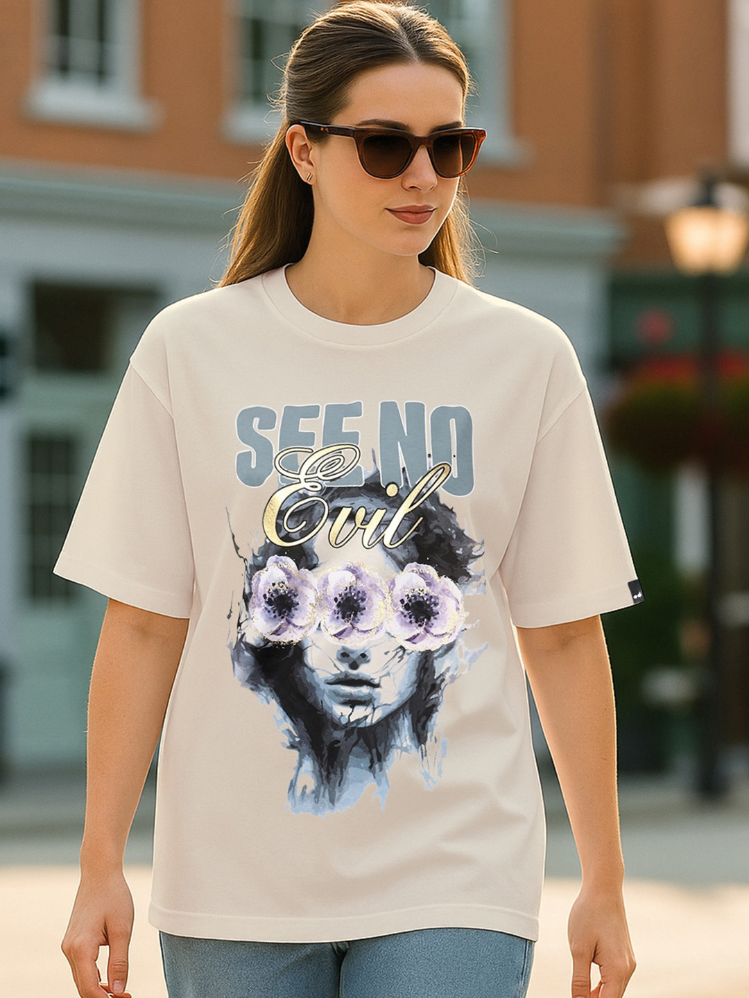 Bewakoof See No Evil Graphic Printed Drop-Shoulder Sleeves Pure Cotton Oversized T-shirt