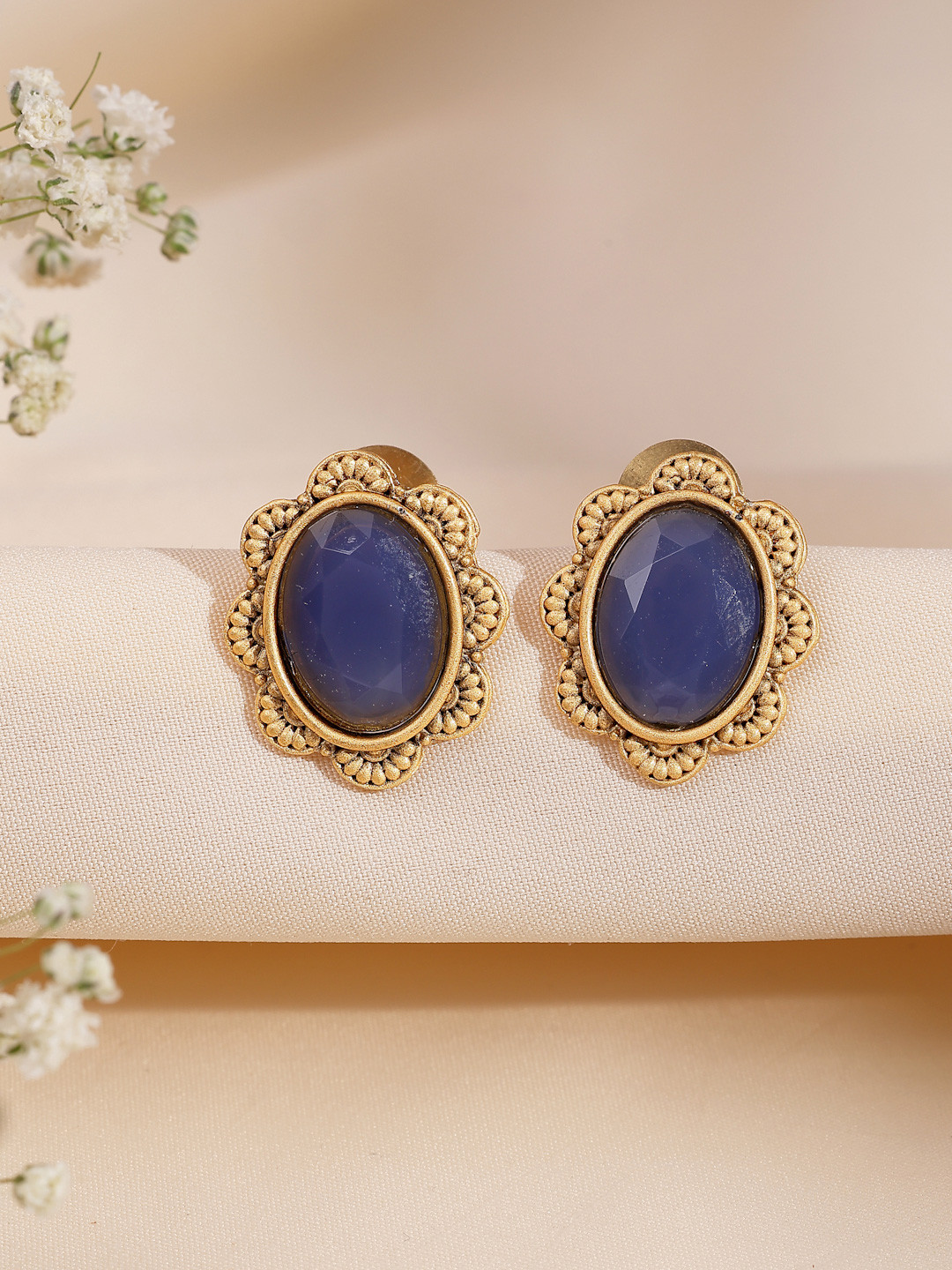 ADIVA Gold-Plated Sapphire Studded Antique Oval Shaped Studs