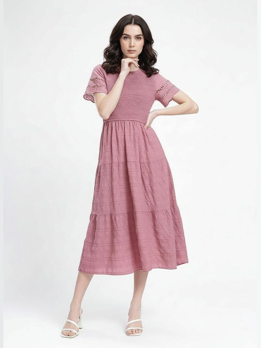 French Connection Smocked Self Checked Tiered A-Line Midi Dress