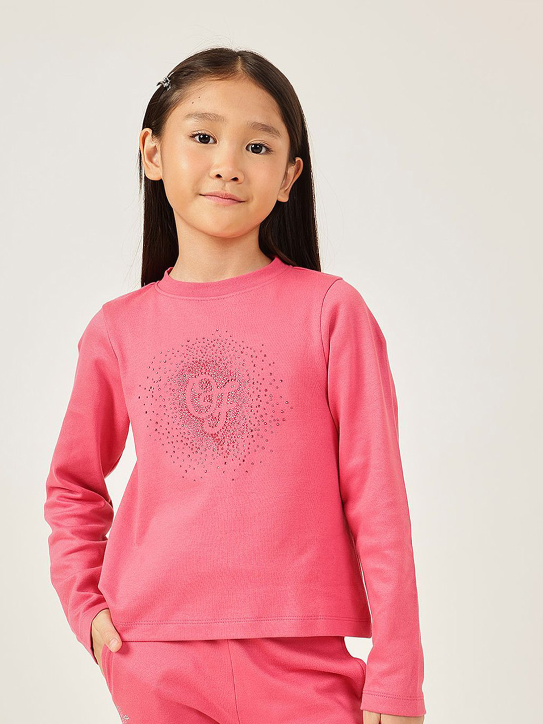 One Friday Girls Pink Knit Embellished Pure Cotton Round Neck Sweatshirt
