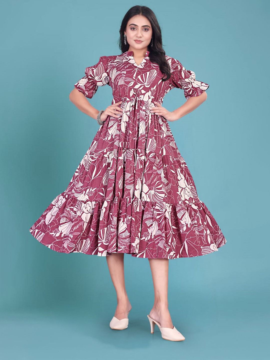 RUNAYA NX Floral Print Gathered or Pleated Puff Sleeve Crepe Fit & Flare Midi Dress