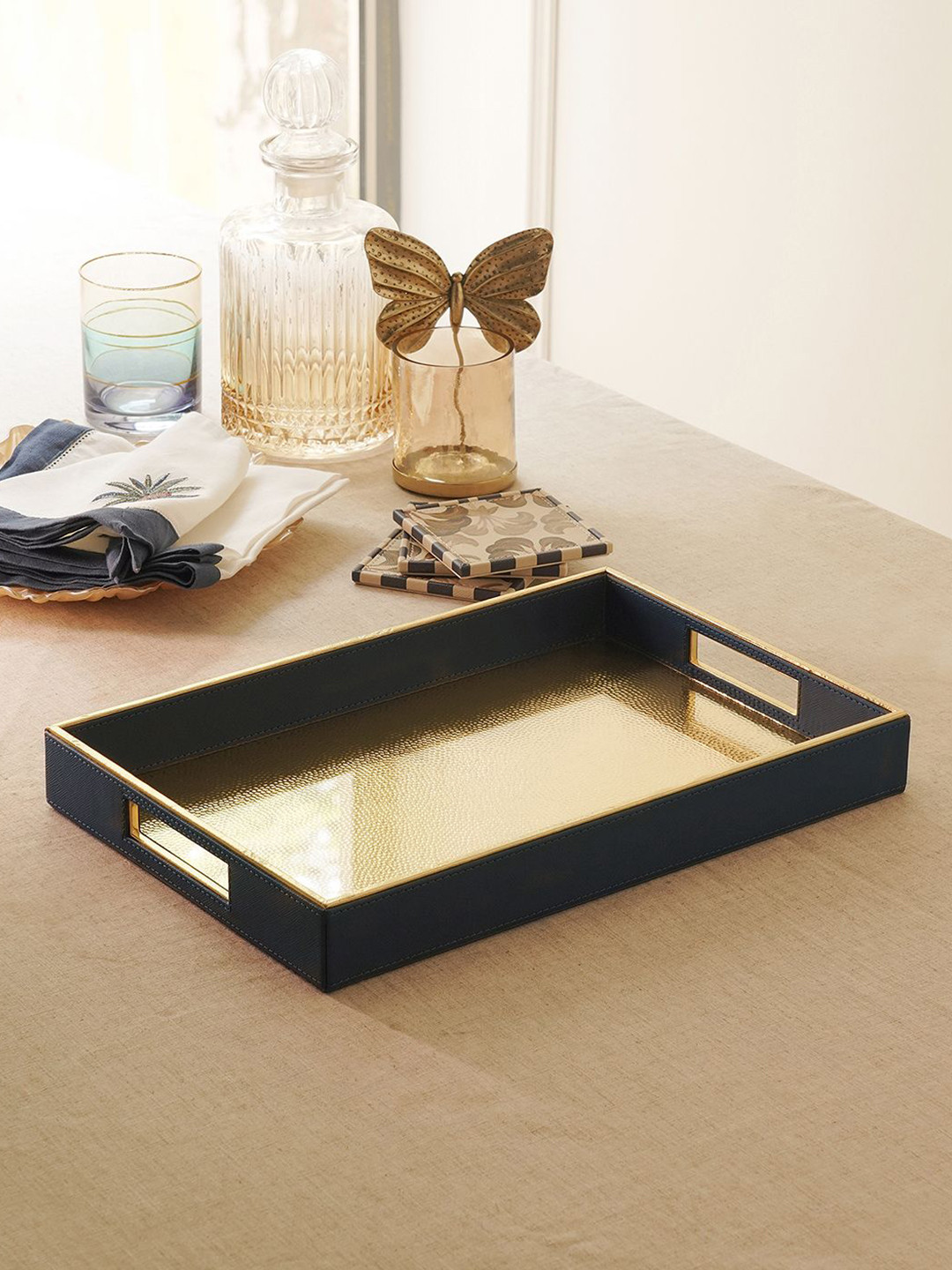 Pure Home and Living Navy Blue & Gold Toned Serving Tray