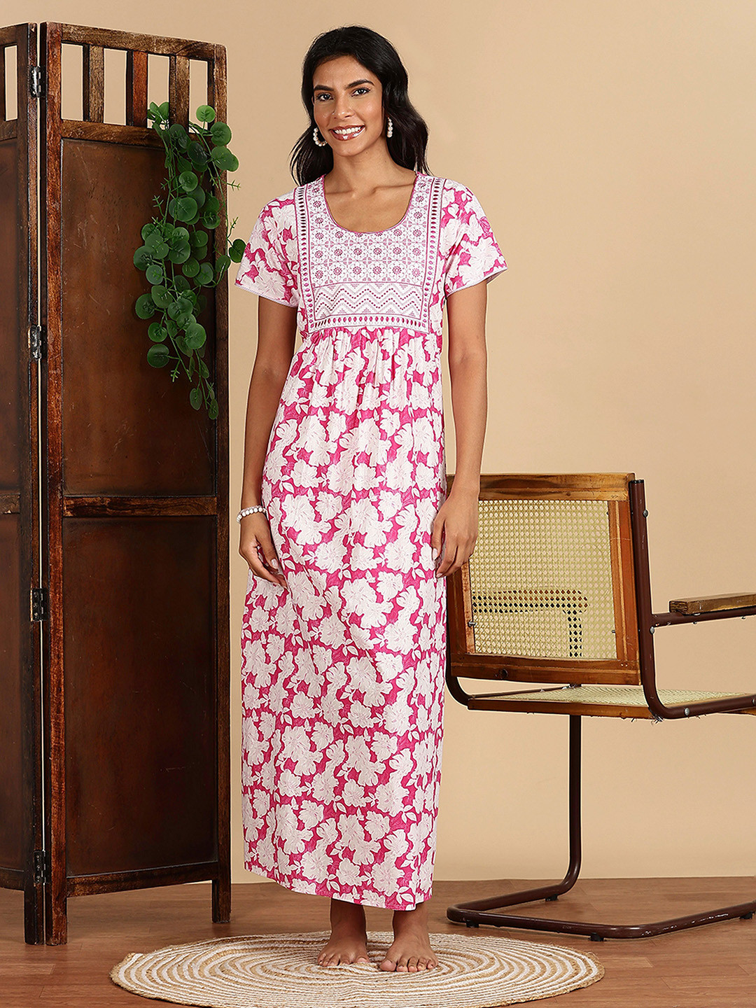9shines Label Women Floral Printed Jaipuri Pure Cotton Nightdress