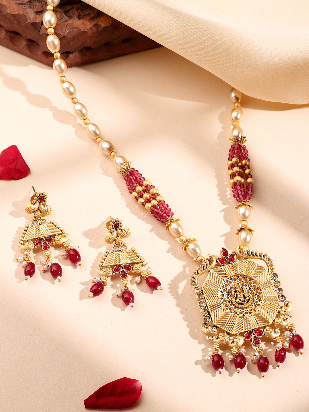 ADIVA 22K Gold-Plated Lord Ganesha Kundan Studded And Artificial Beaded Jewellery Set