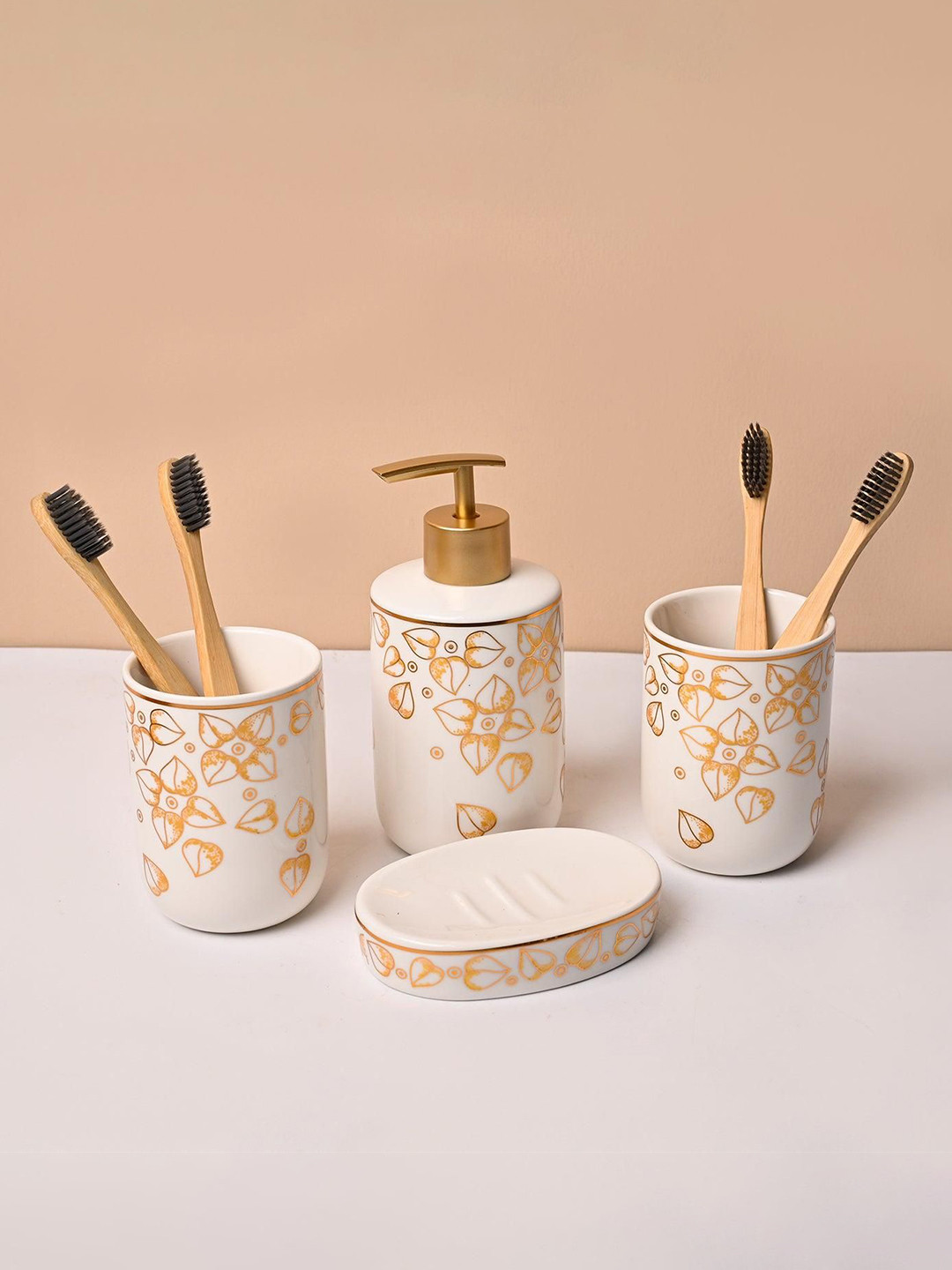 MARKET99 White & Gold-Toned 4 Pieces Leaf Design Ceramic Shower Holders