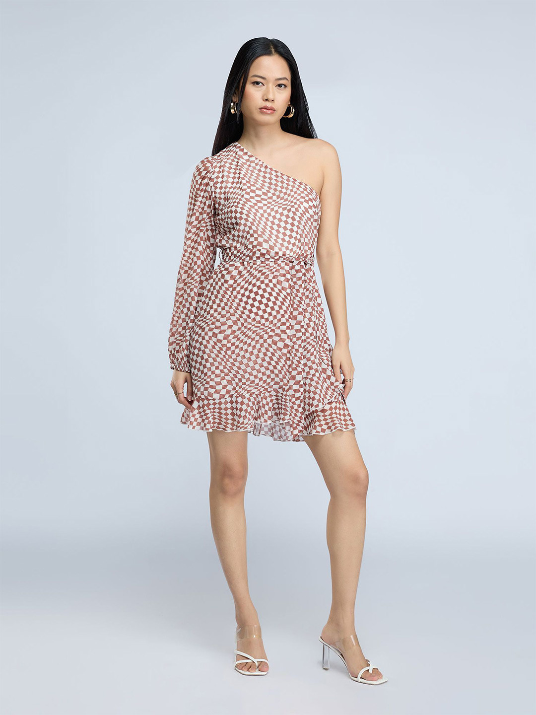 20Dresses Checked Printed One Shoulder Ruffled Fit and Flare Mini Dress with Belt