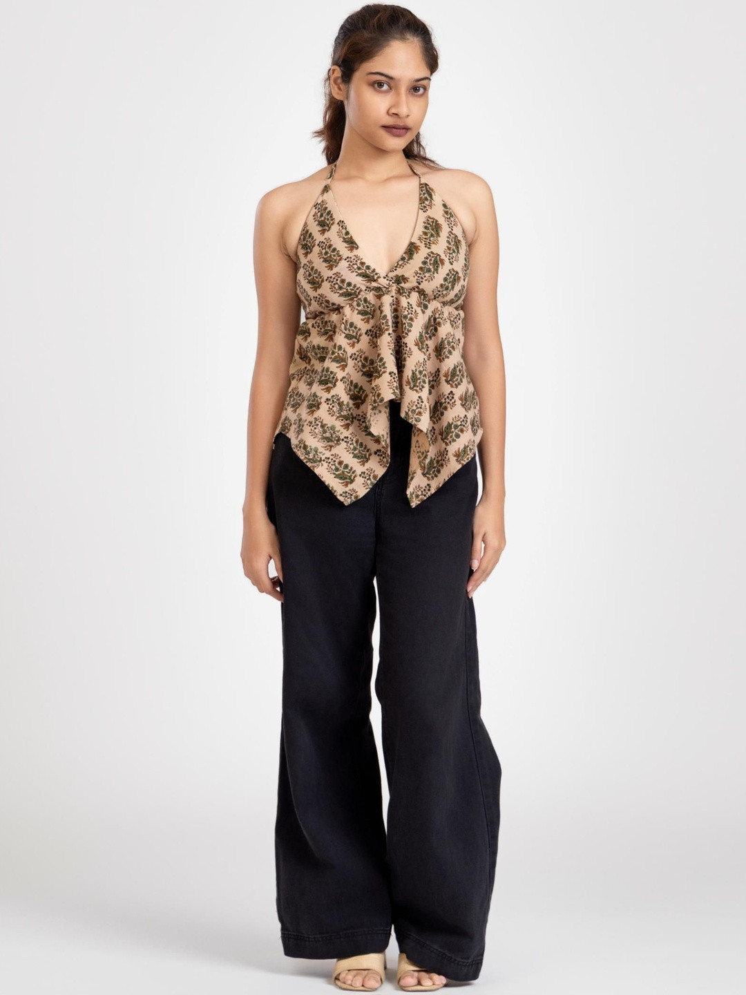 Past Modern Women Floral Printed Smocked Halter Neck Cotton Top