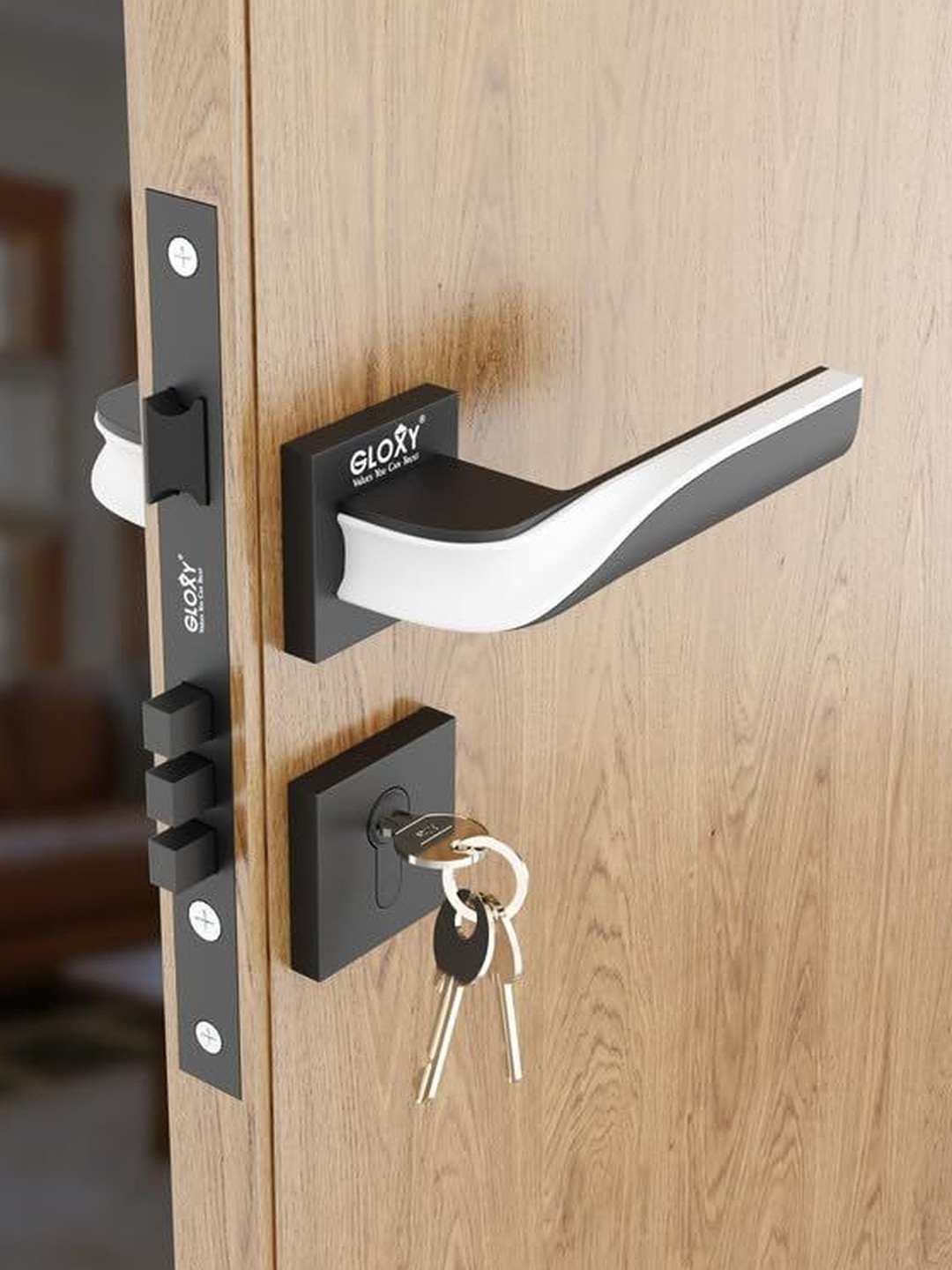 GLOXY Zinc Mortise Satin Finish Door Lock Handle Set with Brass Lock Body Set with 3 Key