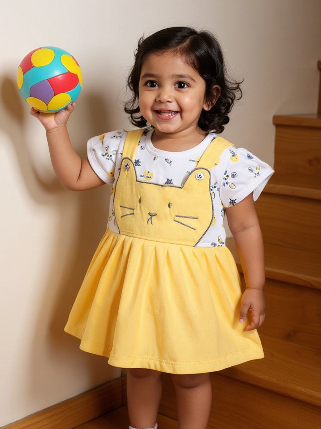 BABYMAX Infant Girls Printed Puff Sleeve Pure Cotton Pinafore Dress With Bloomers