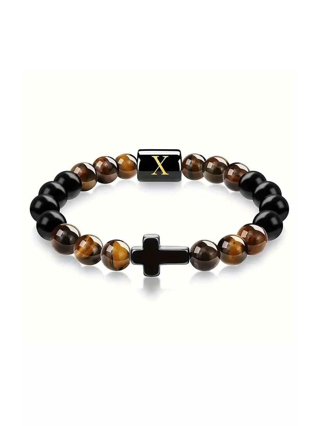 EDMIRIA Men Ceramic Tigers Eye Cross Beaded Bracelet with Alphabet Letter