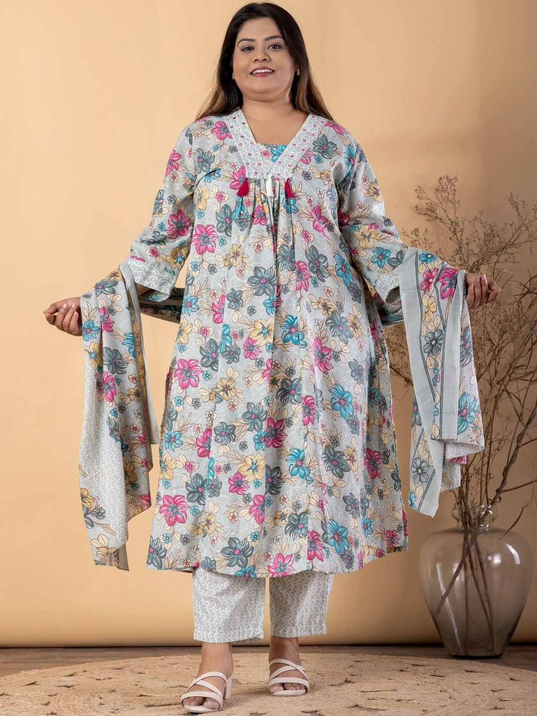 Readiprint Floral Printed A-Line Kurta Eith Palazzos & Dupatta