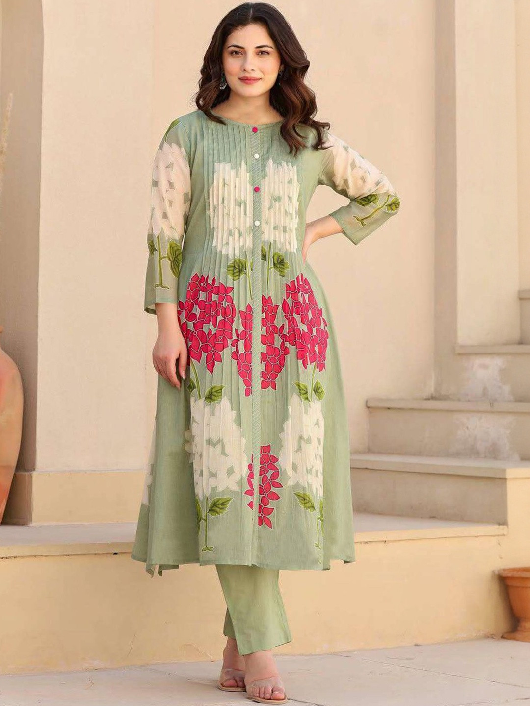 Anni Designer Women Plus Size Floral Printed Pleated Anarkali Kurta with Trousers