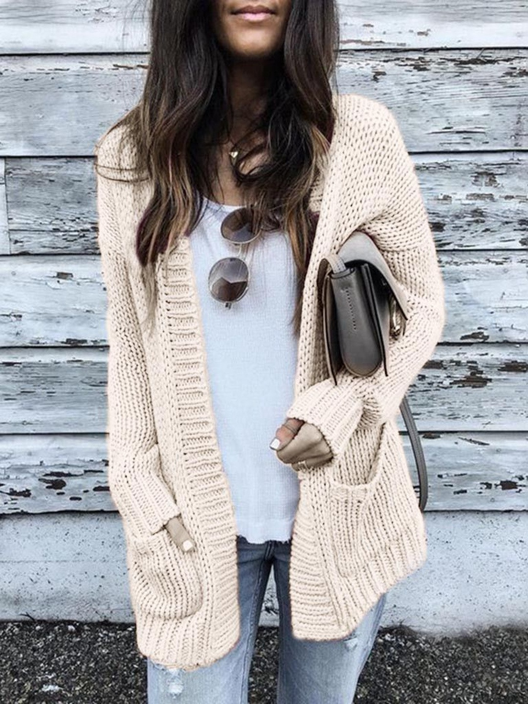 HERE&NOW Women Beige Acrylic Solid Loose Fit Sweaters