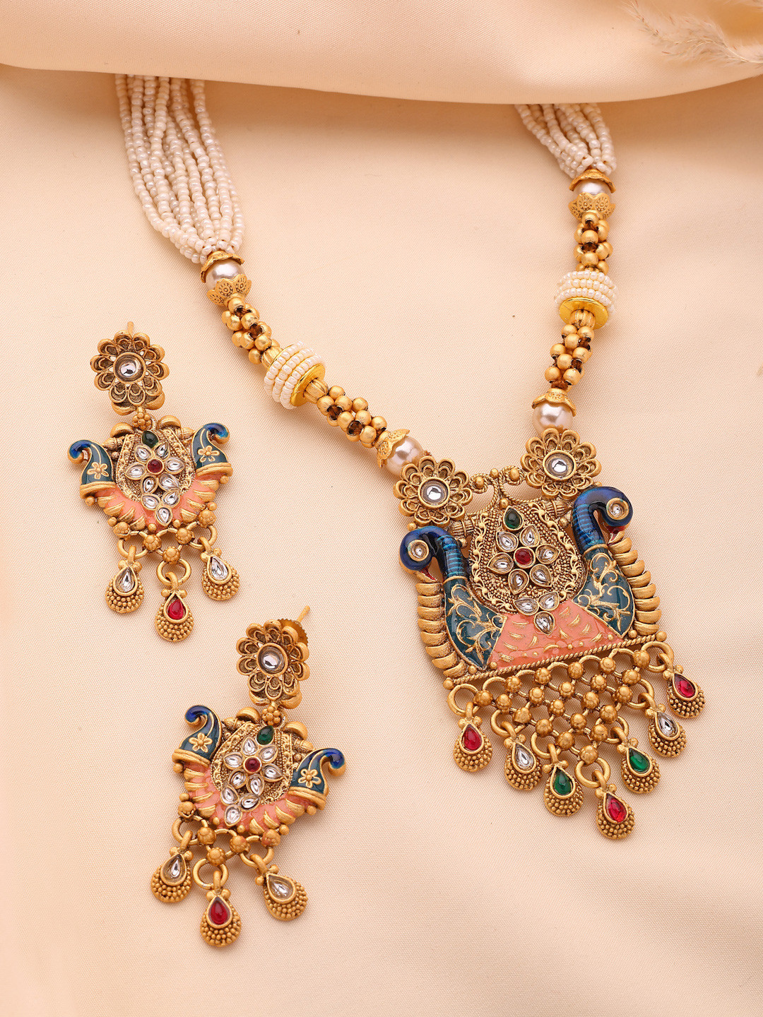 ADIVA 22K Gold Plated Kundan Studded & Beaded Peacock Shaped Jewellery Set