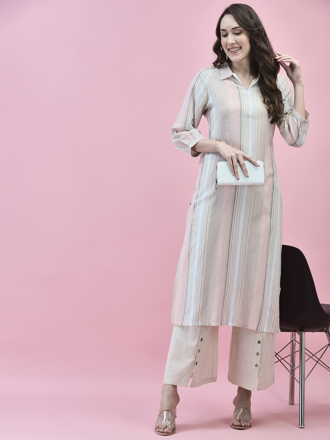 Shree Pink Woven Design Shirt Collar Neck Three-Quarter Sleeves Cotton Straight Kurta