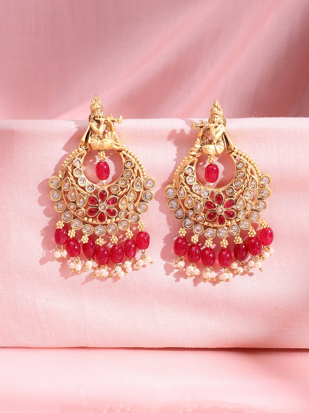 ADIVA 22K Gold Plated Kundan Studded And Pearls Beaded Crescent Shaped Drop Earrings
