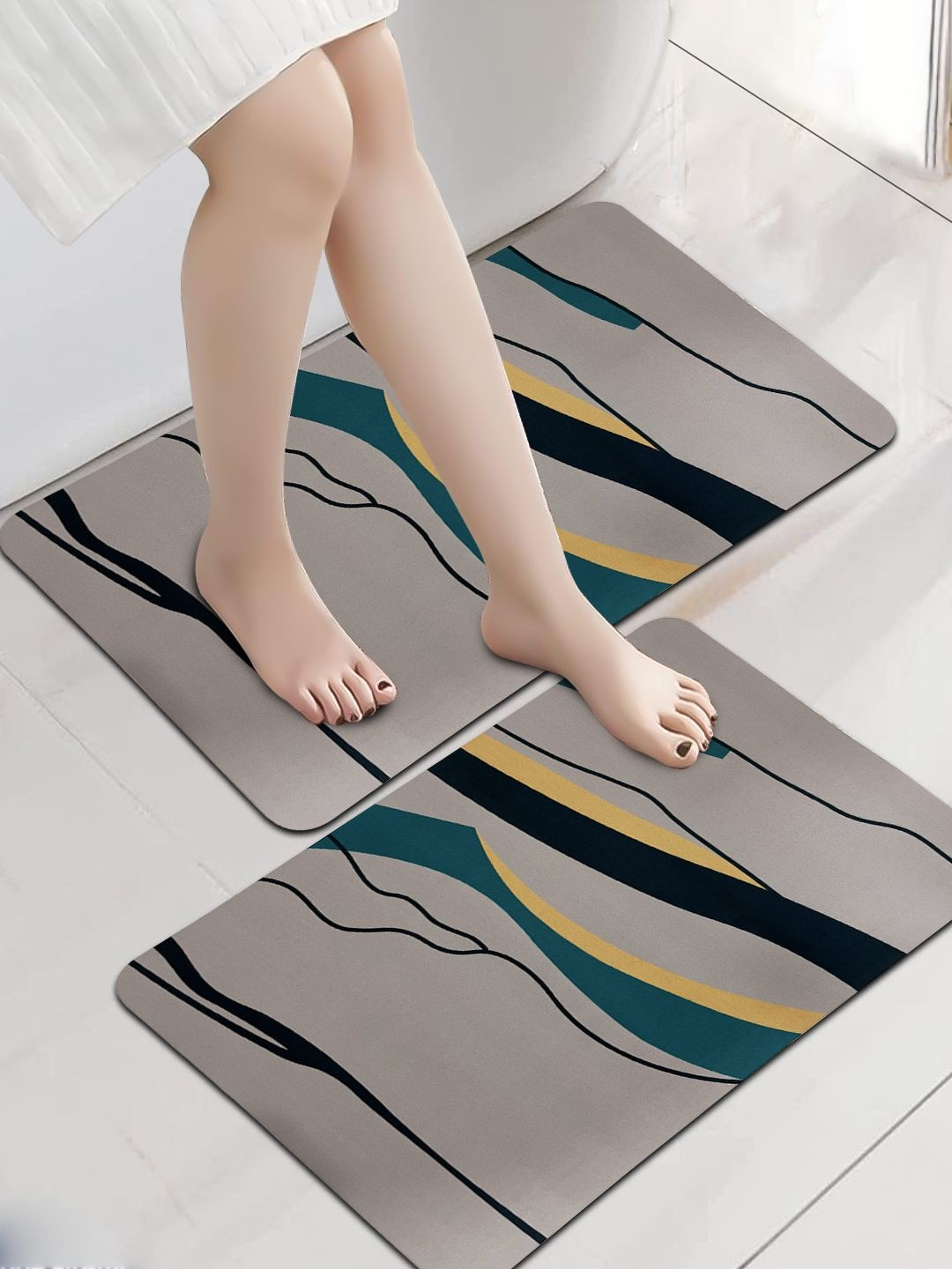 Rubber 2 Piece Anti-Skid Water Soaking 3D Cloud Print Rectangular Bathroom Mat