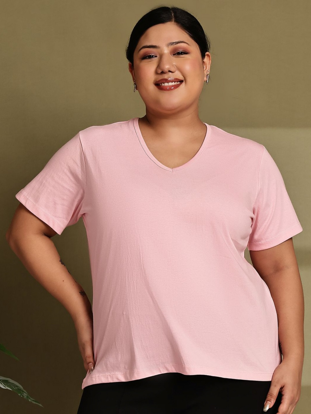 A AND K Women Plus Size Solid V-Neck Cotton T-shirt