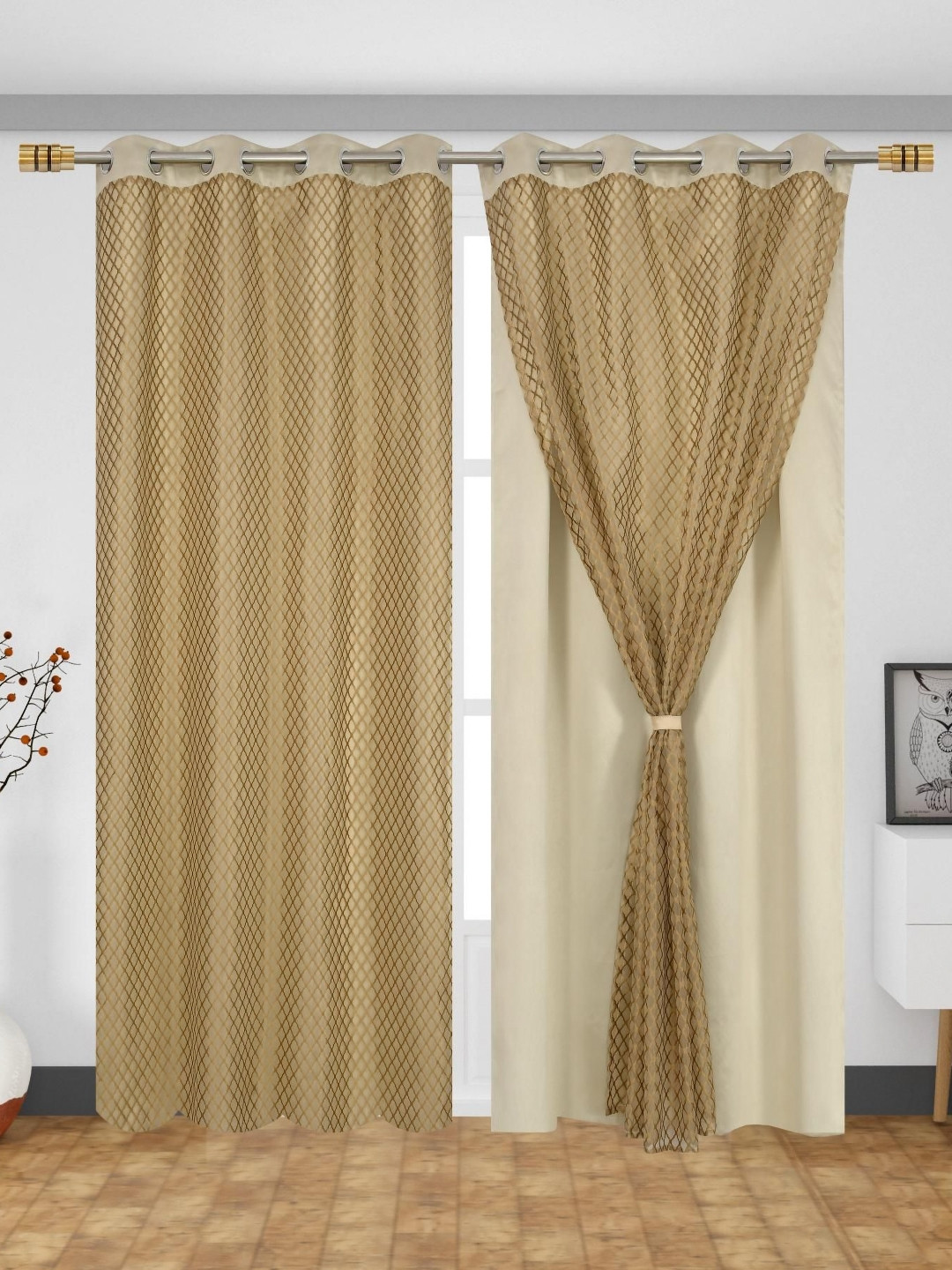 Aura Beige 2 Pieces Geometric Black Out Silk Long Door Curtains