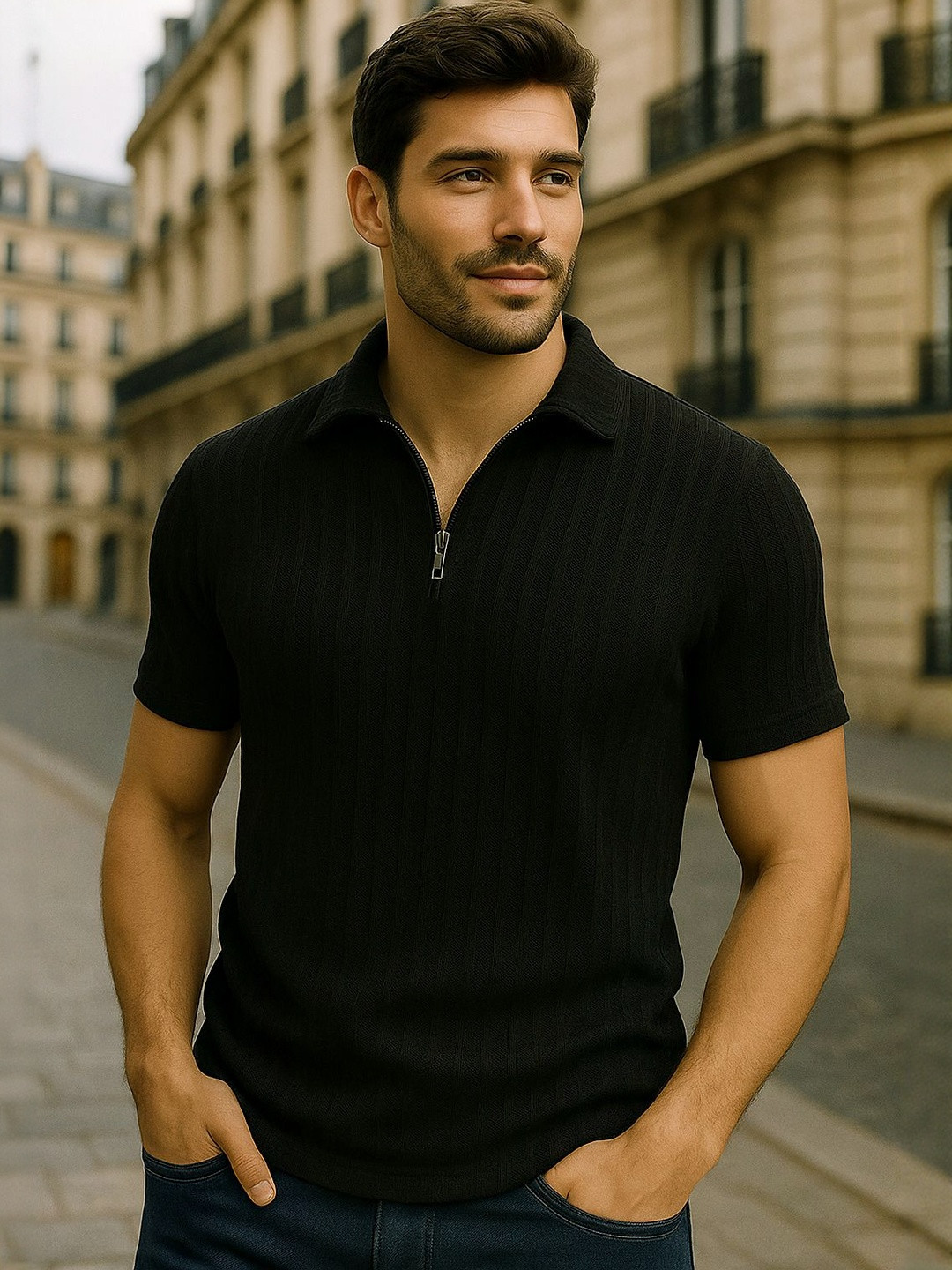 Moda Rapido Self Design Half-Zip Polo Collar Short Sleeves Slim Cotton Fit T-shirt